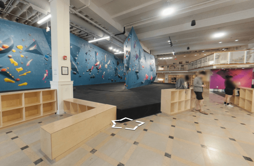 Interior view of Bouldering Project U-District Seattle rock climbing gym captured in a 360-degree virtual tour by West 360 Digital